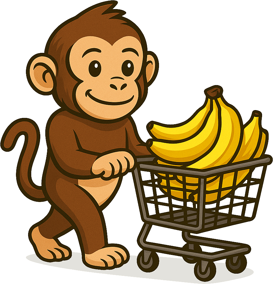 Monkey with shopping cart full of bananas